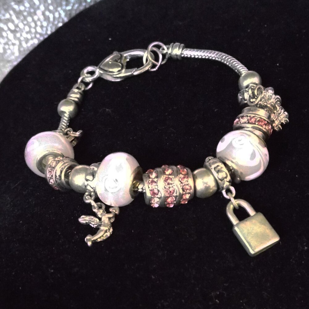 BRIGHTON-LIKE PINK ARTGLASS SWIRL SILVERY LOCK, KEY, ANGEL HEART BRACELET 55